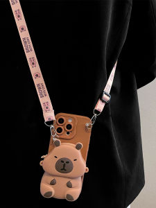 Brown Capybara Phone Case with Lanyard Crossbody Female Full Cover Creative Cartoon XR Anti-fall  16Promax 13 New 17Pro