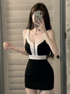 GUZILIAN | Slim Fit Color Block Zipper Knitted Wide Strap Dress Women Summer Waist Cinch Short Skirt Small Size Commute Style Round Neckline