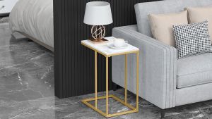WISFOR โต๊ะข้างเหลี่ยม โต๊ะวางของวัสดุหินอ่อน CoffeeTbale โต๊ะข้าง โต๊ะอเนกประสงค์ Side Table กรอบโลหะ
