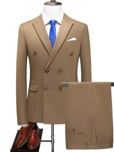 Double-Row Button Mens Suit Set Korean Style Khaki Wedding Jacket And Pants Two-Piece Spring Autumn Pure Color Business Casual