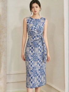 Roey s house | Elegant Professional Floral Tie Wrinkled Sleeveless Midi Dress
