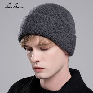 100% Pure Wool Knitted Hat Mens Winter Warm Thick Double Layer Yarn Cap Cold Proof Ear Protection Full Head Cold Hat