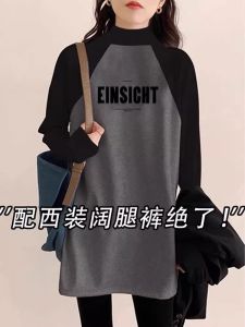 Womens Long Sleeve T-Shirt Mid-Length Loose Base Shirt Half High Collar Brushed Autumn New Style Commute Style Cotton Blend
