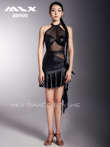 MLX Latin Dance Womens Adult Mesh Patchwork Mini Skirt Performance Outfit Top Half Sleeve Dance Costume for Practice And Show