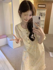 Sweet Ins Korean Style Summer Sleepwear Princess Dress Short Sleeve Lace Mid Length Long Length Round Neck Home Clothes
