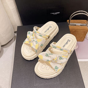 รองเท้าแตะผู้หญิงแบบสวมสองทาง รองเท้าแตะชายหาดฤดูร้อน ทรงหัวมน ส้นสูงปานกลาง พื้นยาง รองเท้าแตะแบบสวมสบายสำหรับใส่ไปชายหาด