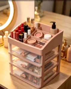 Multifunctional desktop storage box with three drawers large capacity dustproof transparent and tidy.