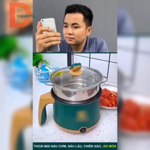 Nồi Lẩu Điện Mini 18CM Kèm Giá Hấp Inox Ca Nấu Mì Đa Năng