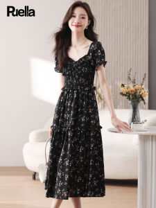 Puella Floral Print Chiffon Dress Womens Slim Fit Long Skirt High Waist A-Line Short Sleeve Spring Summer Fashion Elegant