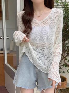 เสื้อเชิ้ตแขนยาวถักแบบเปิดหลังสำหรับผู้หญิงในฤดูใบไม้ผลิและฤดูร้อน เสื้อคลุมกันแดดแบบบางหลวมๆ ดีไซน์เก๋ไก๋สำหรับผู้หญิงวัย 18-24 ปี