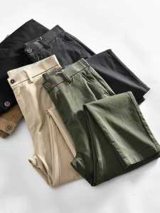 กางเกงลำลองชายผ้าฝ้ายทรงตรงเอวกลาง กางเกงขายาวทรงหลวมระบายอากาศได้ดี ทรงหลวม สไตล์ฤดูใบไม้ร่วง กางเกงขายาวทรงบางสำหรับใส่ไปทำงาน