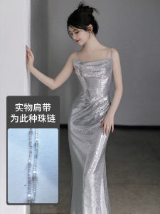 ชุดราตรีสีเงินหรูหราสำหรับผู้หญิง 2025 ชุดแต่งงาน สายเดี่ยว ชุดกินข้าวกลางวัน ชุดกันหนาว ชุดเดรสยาวปานกลาง ชุดกันหนาว