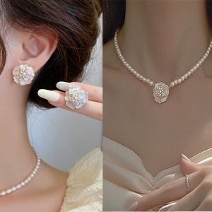 SPKBT Korean Jewelry Set for Women Camellia Pearl Stud Earrings Necklace Fashion Jewelry Set Accessories