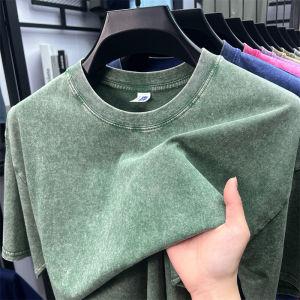 Luxury retro short sleeve T-shirt high-end mens fashion personality washed 100%cotton round neck breathable couples casual top