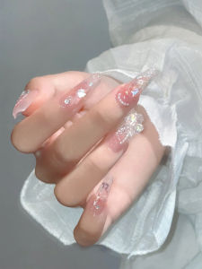 Princess Style Wedding Nail Art: Pink Butterfly Knot & Handmade Detachable White Enhancing Nail Tips