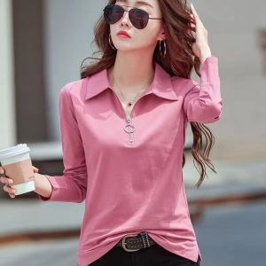 100KG Fat Girl Can Wear New Style Long Sleeve Fashion Zipper Polo Shirt Oversized Women Plain Stretch Lapel T-shirt Lady Blouse with collar