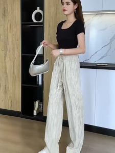 Ginza6 plus size high waist baggy wide leg pants garterized linen pants for wowen 633#