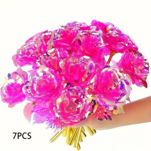 7Pcs Galaxy 24K Artificial Rose Decoration Crystal Rose Artificial Flower Plastic Rose Bouquet Suitable for Christmas Valentines Day Thanksgiving Teachers Day