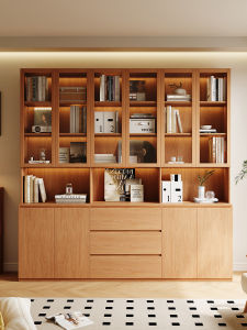 Dust-Proof Combination Solid Oak Bookcase with Glass Doors