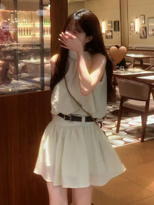 Elegant White Sleeveless Neckline Dress Set Womens Summer 2025 New Cold Tone High-End Feeling A-Line Skirt Short Dress