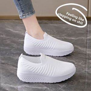 Womens Casual Fashion Sneakers Breathable Mesh Fly Knit Slip-On Mom Shoes Thick Bottom Platform Shake Shoes Lightweight