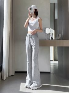 Korean Flare Pants for Women Sports High Waist Stretchable Drawstring Pants Womenswear Petite