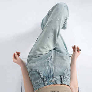 Retro Heavy Duty Rhinestone High Waist Wide Leg Jeans Womens Draping Design Loose Slimming Narrow Version Floor-Length Pants Summer