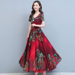 2024 Knee-Length V-Neck Maxi Ice Silk Dress Comfortable Slimming Casual Print Pocket Square Fashionable Middle-Aged Women