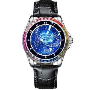 Men colorful Diamond Automatic Mechanical Watch Full Luminous Moon Phase Transparent Case Back Genuine Leather Strap 45mm Dial