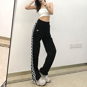 Street Style Womens High Waist Loose Casual Pants Checkerboard Stitching Long Trousers Comfortable Loose Fit Summer Fashion