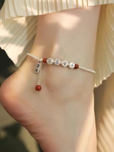 สร้อยข้อเท้าสีแดงมัลเบอร์รี่สำหรับผู้หญิง เครื่องประดับแฟชั่น ลวดลายเรโทร สร้อยข้อเท้าแบบไฮเอนด์ สร้อยข้อเท้า สร้อยข้อมือ สร้อยข้อเท้า