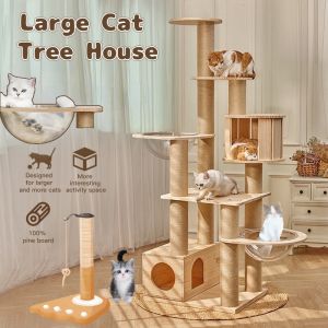 Wood Cat Tree Luxury Wooden Cat Tree Cat Tower Cat Condo Multi-functional Solid Wood Activity Center with Scratching Post for Indoor Cats