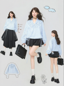 KEIKO | Áo Nữ Dài Tay Vòng Cổ Voan Ruffle Thanh Lịch Đen Xanh Kẻ Sọc