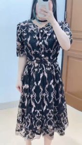 6273 Arla Collar Button Brukat Midi Dress Wanita Gaun Natal Elegan