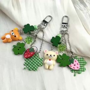 Rilakkuma Handmade Resin Clover Strawberry Cute Keychain Vintage Kawaii Y2K Aesthetic Cellphone Strap Bag Charm Keyring Gift