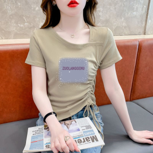 Áo Thun Nữ Cạp Cao Không Đều Tay Ngắn Mùa Hè 2025 Thiết Kế Độc Đáo Thanh Lịch Đa Năng Áo Thun Cotton Thường Ngày