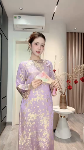 Áo dài cách tân Đào Hoa dáng suông nhẹ chiết ly sau vải gấm cổ tròn đính nơ tay loe- Áo dài Ngọc Mai