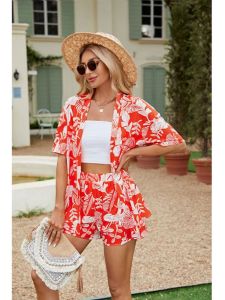 แฟชั่นพืชพิมพ์หลวมเสื้อแขนสั้นและกางเกงขาสั้นชุดสองชิ้นสําหรับผู้หญิงฤดูร้อนมาใหม่