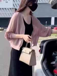 Áo Len Cardigan Mỏng Chống Nắng Cho Nữ Áo Khoác Ngoài Dây Ngắn Thời Trang Cổ Chữ V Màu Hồng Áo Khoác Máy Lạnh Áo Sơ Mi