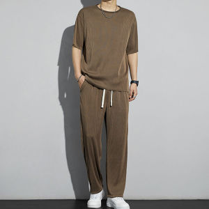 IELGY Sports Suit Mens Summer Thin Casual Long Pants Short-sleeved T-shirt Quick-drying Draped Clothes Set