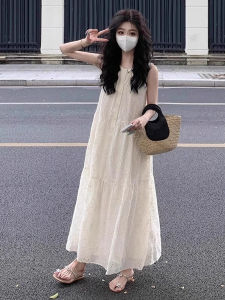 Summer New Fashion Casual Holiday Style Lace Hollow out Sleeveless Dress Women Slim Fit Waist Cinched Vest Long Dress
