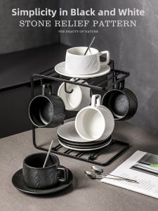 Stylish Ceramic Coffee Cup Set Elegant Afternoon Tea Dinnerware with Spoon and Storage Rack