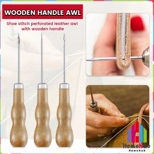 HB Wooden Handle Awl Sewing Stitching Tool Shoes Repair Crochet Hook Threader Stitch Needle for Scribing Punching Aligning