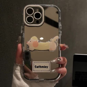 Cute Mirror Surface iPhone Case for Apple 17 pro Max 16 14 13 Mini 12 XS Max 11 pro 15 plus 17 Air XR Yellow Dog Protective Cover