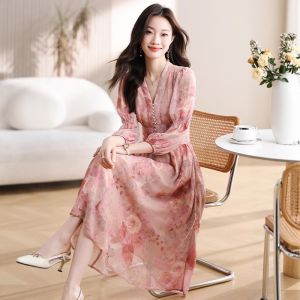 Puella | Elegant Womens Style Tea Break Dress Slimming Waist Gathered Sleeves Floral Print Dress