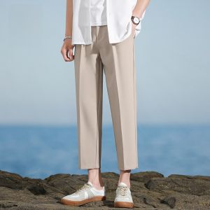 ROMON | Lormen Mens Summer Thin Cool Feeling Loose Straight Leg Nine-Piece Suit Pants Black Casual Pants Youth Vitality Style Anti-Wrinkle