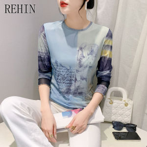 REHIN Summer new Slim fashion mesh printing round neck long-sleeved T-shirt elegant women blouse