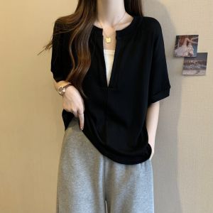 plus Size Loose Slimming Illusion Two-Piece V-Neck Short Sleeve T-Shirt Womens Summer New Design Korean Style Top