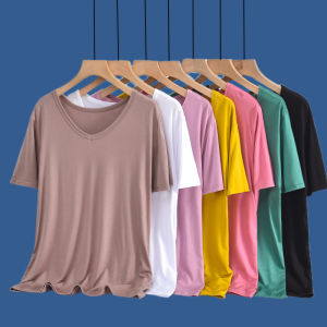 เสื้อยืดคอวีหลวมๆ สำหรับผู้หญิงในช่วงฤดูร้อน แขนสั้นบางๆ ทรงหลวมๆ แขนสั้น สีพื้น เสื้อชั้นในแบบครึ่งแขน ผ้าโมดอล