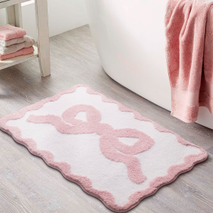 VIKAMA 1pcs Pink Bow Bath Mat for Bathroom Cute Preppy Rugs with Scalloped Edges Soft Microfiber Ultra Absorbent Non-Slip
